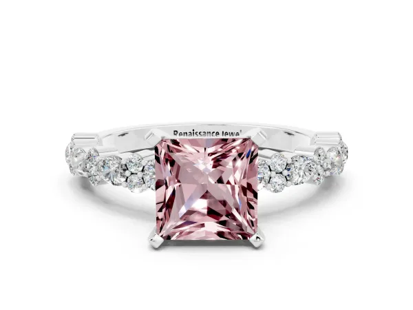 Princess Cut Morganite Side Stone Solitaire Ring with Round and Four-Prong Setting Platinum