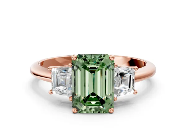 Fancy Green Emerald Cut Diamond Three-Stone Ring with Trapezoid Side Stones and Prong Setting Rose gold