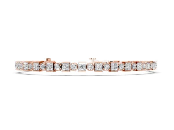 Bezel and Prong Set Round and Princess Cut Diamond Tennis Bracelet Rose gold