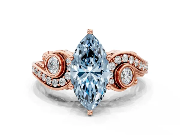 Fancy Blue Marquise Cut Diamond Solitaire Ring with Milgrain Pavé Band and Four-Prong Setting Rose gold