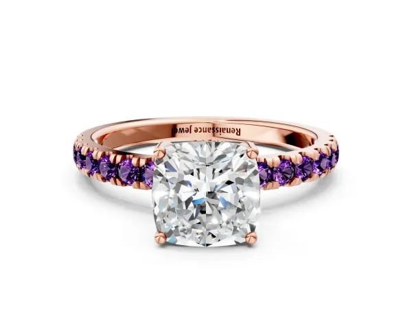 Cushion Cut Diamond Pave Band Solitaire Ring with Round Amethyst and Prong Setting Rose gold