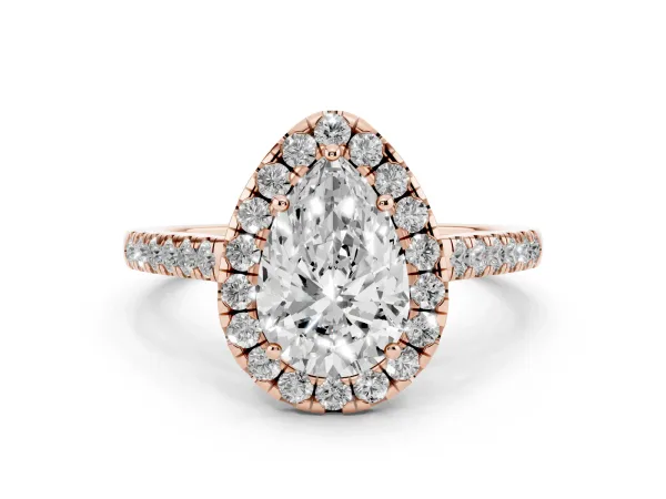 Pear Cut Halo Pave Diamond Engagement Ring with Four-Prong Setting Rose gold