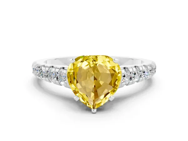 Heart Cut Yellow Sapphire Cathedral Solitaire Ring with Round Pavé Band Platinum