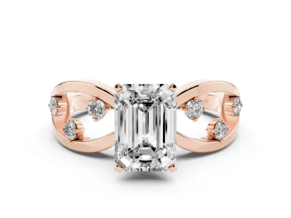 Emerald Cut Cut Solitaire Diamond with Side Stones on Criss-Cross Band and Four-Prong Setting Rose gold