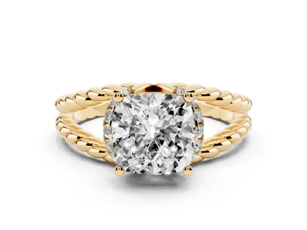 Cushion Cut Halo Twisted Band Four-Prong Ring Yellow gold