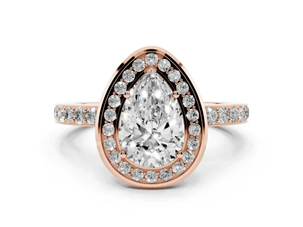 Pear Cut Diamond Halo Ring with Bezel Frame and Pavé Band Rose gold