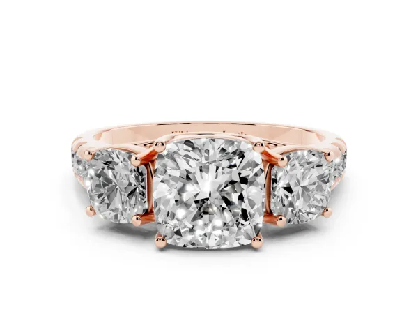 Three-Stone Cushion Cut Diamond Pavé Band with Prong Setting Rose gold