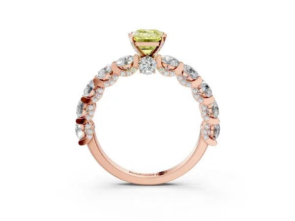 Fancy Yellow Emerald Cut Diamond Side Stone Engagement Ring with Four-Prong Setting Rose gold