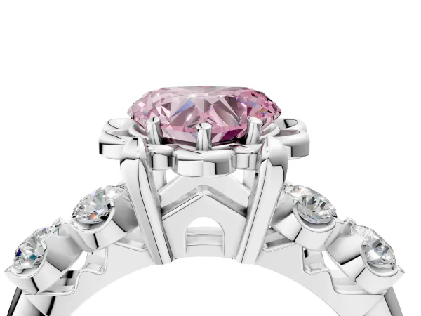 Fancy Pink Heart Cut Cut Diamond Floral Halo Engagement Ring with Shared Prong Setting Platinum