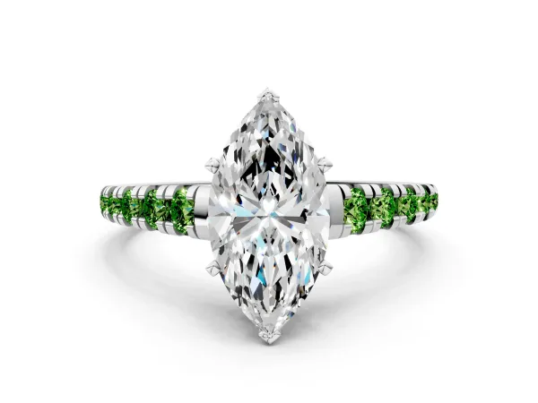 Marquise Cut Diamond Cathedral Solitaire Ring with Round Peridot Pavé Band White gold