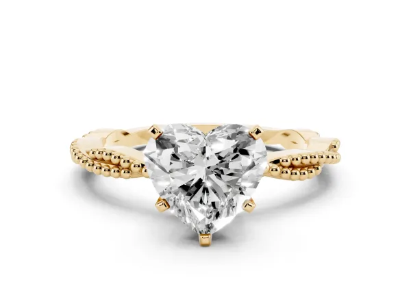 Heart Cut Solitaire Twisted Band with Bead Prong Setting Yellow gold