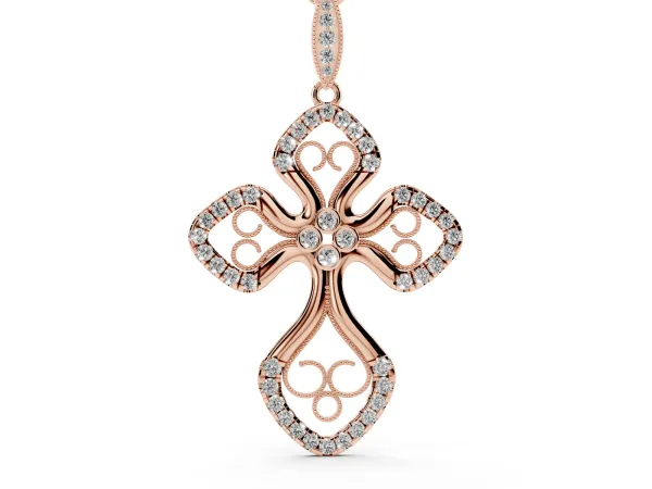Diamond Pavé Round Milgrain Cross Pendant Rose gold