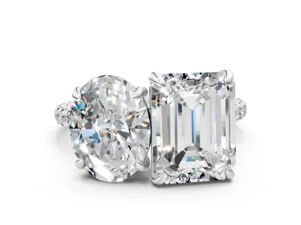 Oval and Emerald Toi Moi Ring with Prong Setting and Pave Band Platinum