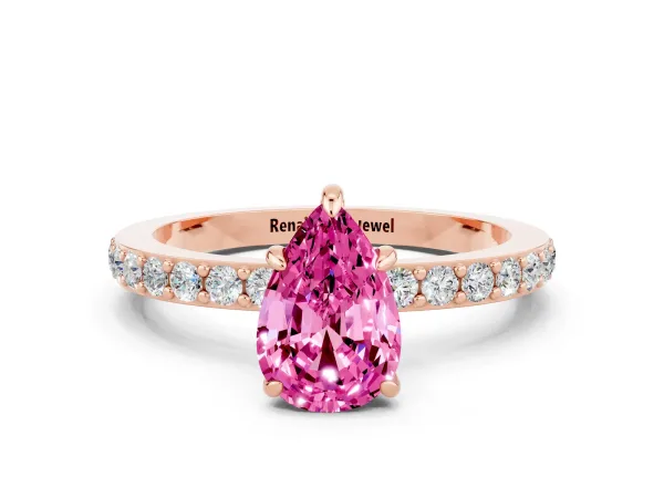 Pear Cut Pink Sapphire Solitaire Engagement Ring with Pavé Band and Four-Prong Setting Rose gold