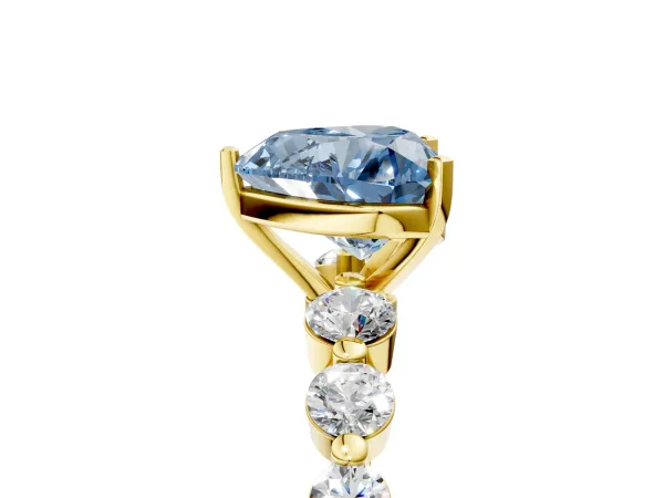 Fancy Blue Heart Cut Solitaire Diamond Ring with Pave Band and Four-Prong Setting Yellow gold