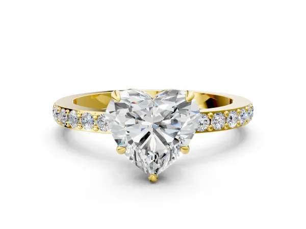 Heart Cut Diamond Solitaire Engagement Ring with Pavé Band and Four-Prong Setting Yellow gold