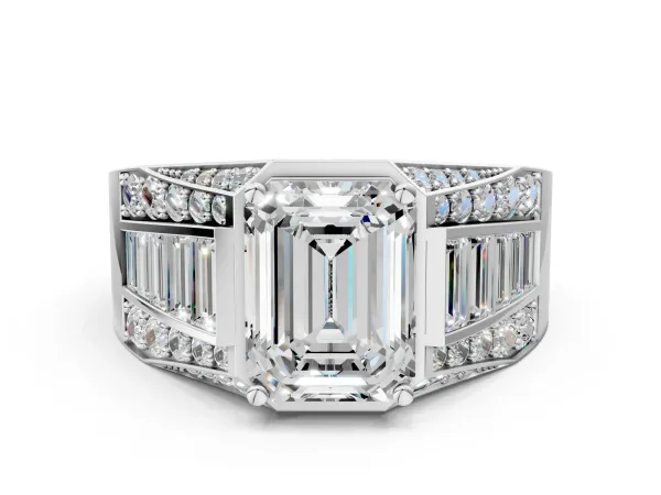 Emerald Cut Diamond Mens Ring with Baguette Side Stones Platinum