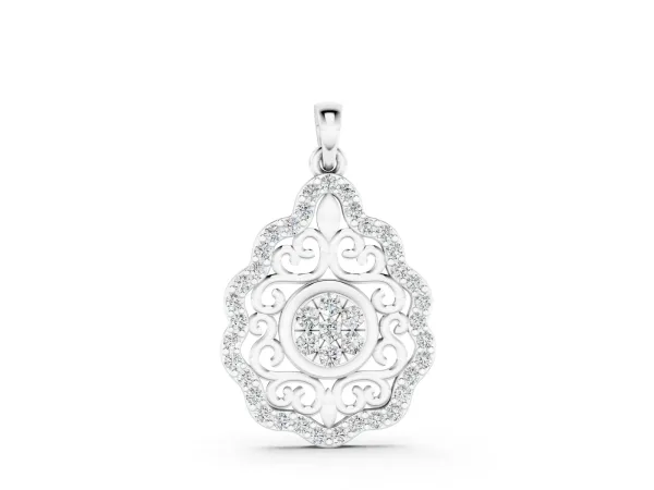 Round Diamond Halo Pendant with Filigree Design White gold