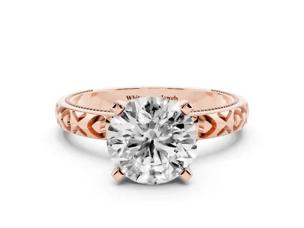 Round Cut Solitaire Diamond Engagement Ring with XO Engraved Band and Four-Prong Setting Rose gold