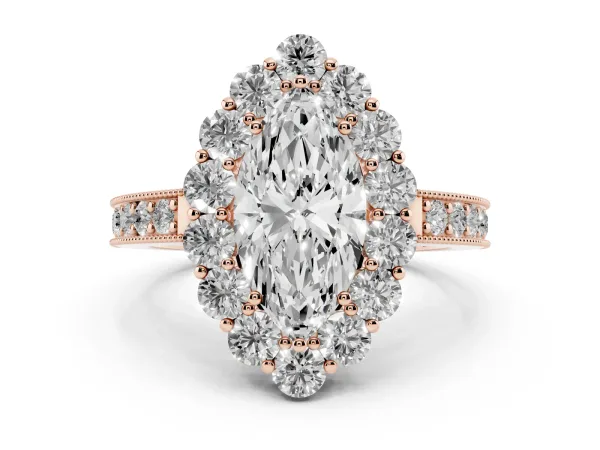 Marquise Cut Cut Halo Diamond Pavé Engagement Ring with Milgrain Detailing Rose gold