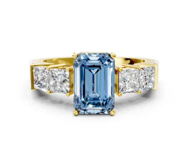 Fancy Blue Emerald Cut Solitaire Princess Side Stone Engraved Band Prong Setting Ring Yellow gold