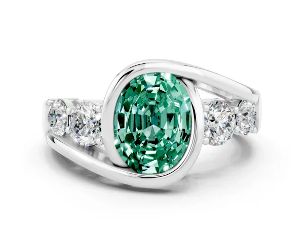 Bezel Set Oval Cut Green Sapphire Bypass Ring with Round Accents Platinum