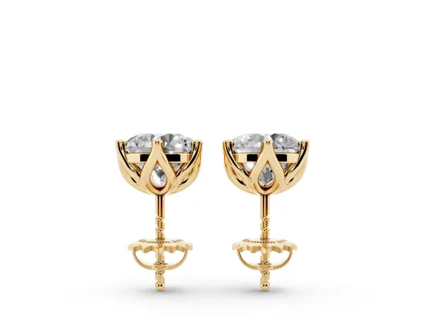Round Diamond Six Prong Flower Petal Solitaire Stud Earrings Yellow gold