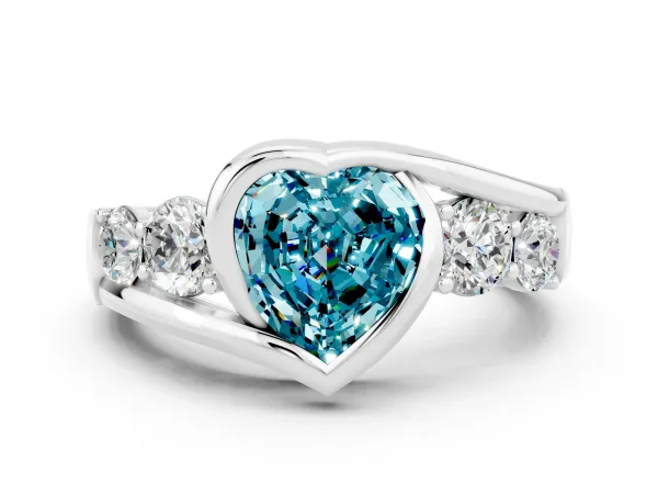 Bezel Set Heart Cut Blue Topaz Bypass Ring with Round Accents Platinum