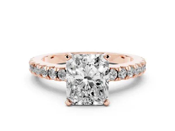 Radiant Cut Solitaire Diamond with Pavé Band and Four-Prong Setting Rose gold