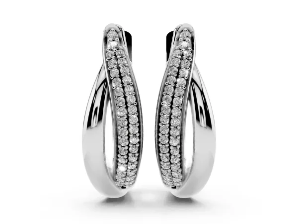 Round Diamond Double Row Huggie Hoop Earrings Platinum