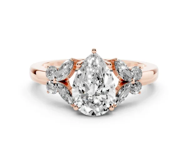 Pear Cut Cut Solitaire Floral Diamond Ring with Four-Prong Setting Rose gold