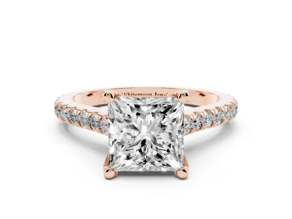 Princess Cut Brilliant Diamond Solitaire with Pavé Band and Four-Prong Setting Rose gold