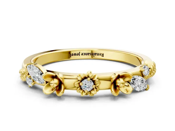 Floral Diamond Band with Round and Marquise Stones, White Gold, Prong Setting Yellow gold