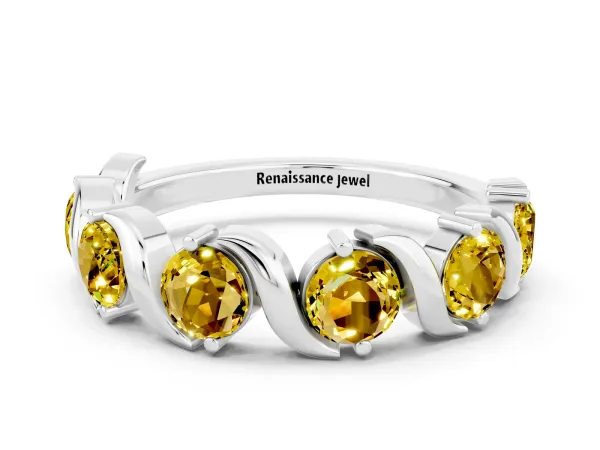 Round Yellow Sapphire Half Eternity Band with Wave Prong Setting Platinum