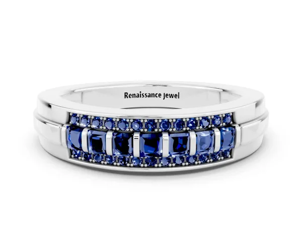 Bar-Set Princess Cut Blue Sapphire Pavé Band Platinum