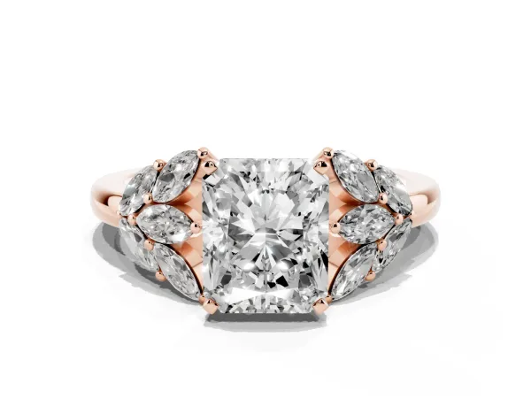 Radiant Cut Diamond Cluster Leaf Design Ring with Prong Setting Rose gold
