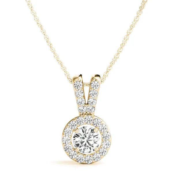 Round Halo Diamond Pendant with Prong Setting Yellow gold
