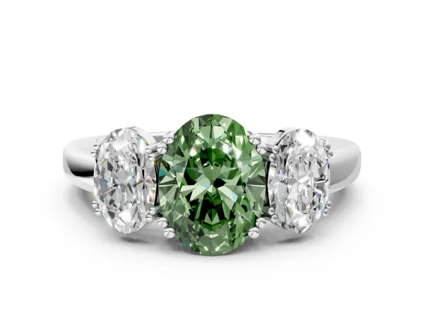 Fancy Green Three-Stone Oval Cut Cut Diamond Ring with Channel Set Band and Four-Prong Setting Silver