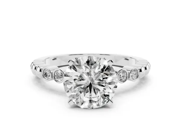 Round Cut Solitaire Bezel Accent Diamond Engagement Ring with Beaded Band and Four-Prong Setting White gold