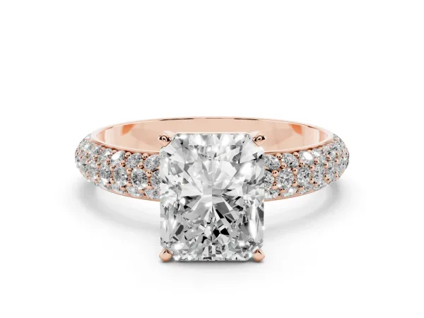 Radiant Cut Diamond Solitaire Ring with Prong Setting and Pavé Band Rose gold