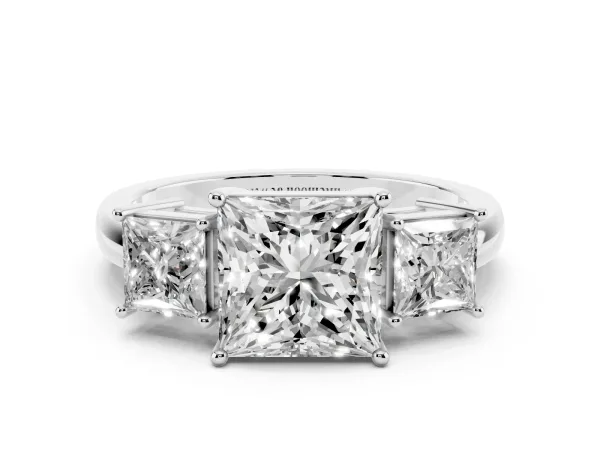 Princess Cut Diamond Three-Stone Ring with Prong Setting and Classic Band White gold