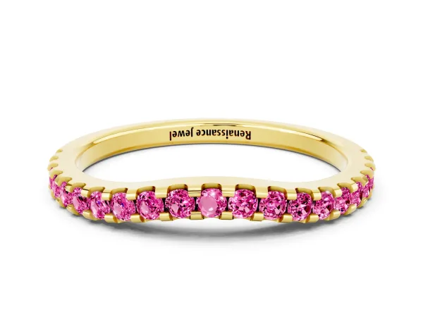 Round Pink Sapphire Pavé Curved Wedding Band Yellow gold