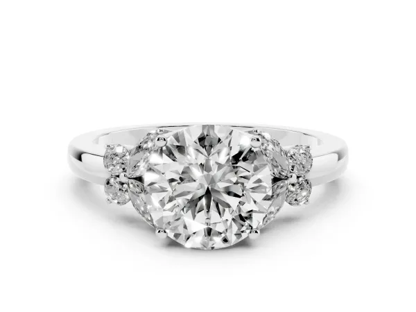 Round Cut Cut Solitaire Floral Diamond Ring with Four-Prong Setting White gold