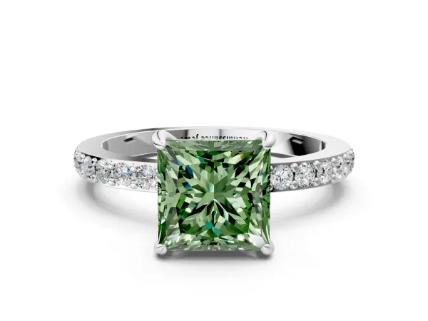 Fancy Green Princess Cut Diamond Solitaire Engagement Ring with Pavé Band and Four-Prong Setting Platinum