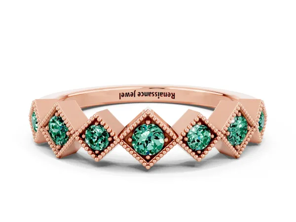 Milgrain Square Bezel Round Green Sapphire Chevron Band Rose gold