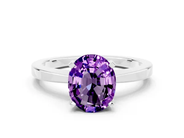 Oval Cut Amethyst Solitaire Engagement Ring with Classic Band and Four-Prong Setting Silver