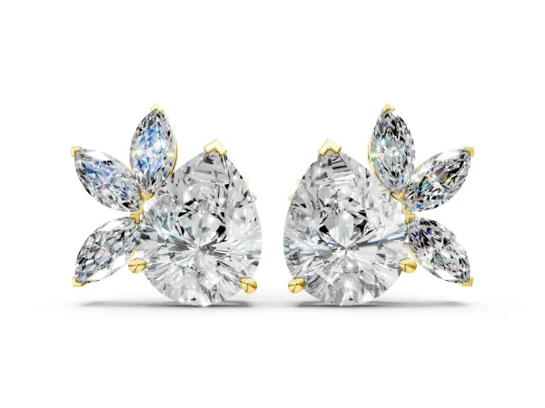 Pear Diamond Fan Stud Earrings with Marquise Lab Grown Diamond Accents Yellow gold