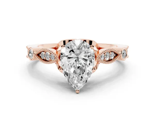 Pear Cut Cut Diamond with Milgrain Marquise and Bezel Accents on a Solitaire Band with Prong Setting Rose gold