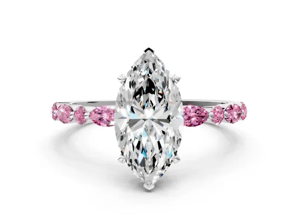 Marquise Cut Diamond Ring with Marquise and Round Pink Sapphire Side Stones and Four-Prong Setting White gold