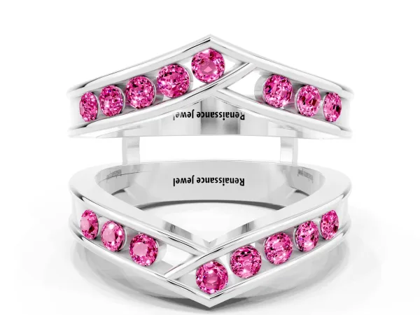 Round Pink Sapphire Channel-Set Chevron Band Platinum